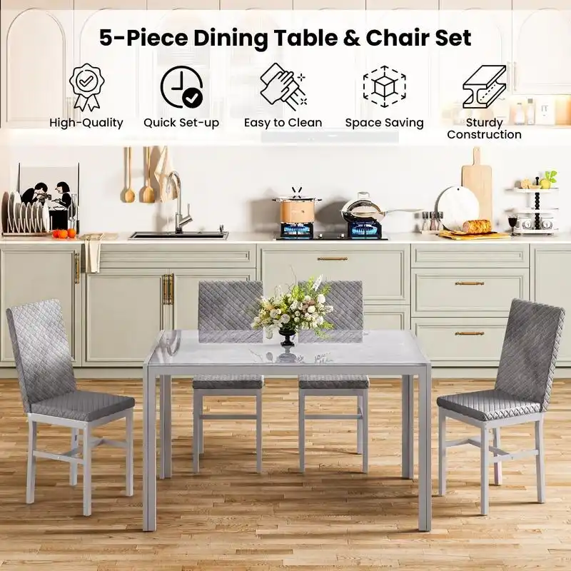 Grondin Modern Style 5-Piece Dining Room Table Set with Tempered Glass Tabletop and 4 Diamond Stitching PU Leather Dining Chairs