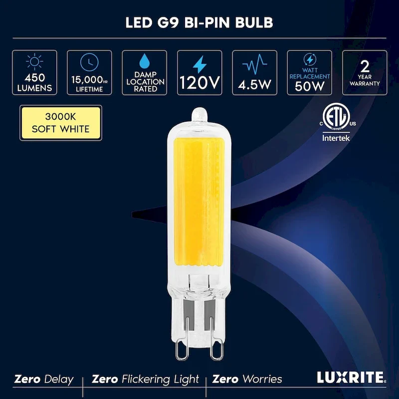 Luxrite G9 LED Bulb Dimmable 4.5W, 50 Watt Equivalent, 450LM, Glass G9 Bi Pin Base, ETL (5 Pack)