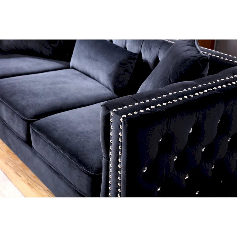 Tufted Velvet Sofa - Blue, 3-Seater, Track Arms, 2 Throw Pillows, 86W x 30H, Contemporary