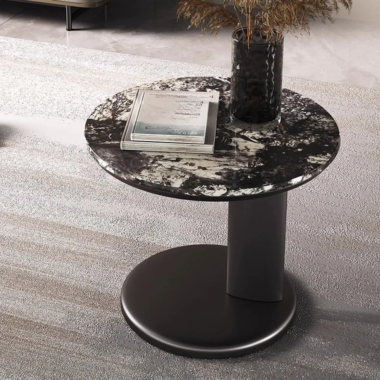 Modern Black Round C-shaped Side Table With Stone Top