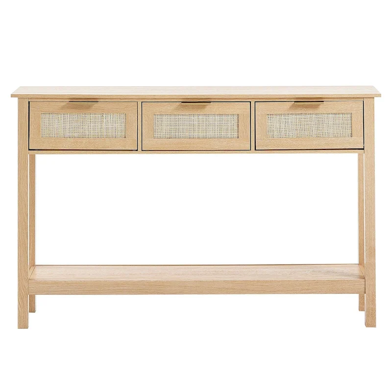Rattan Console Table with Storage Drawers, Rattan Entryway Table with Natural Rattan Sliding Door, Console Sofa Table