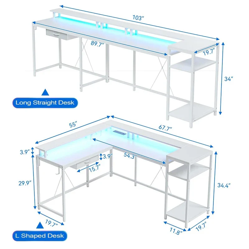 68 Home Office Desk with File Drawer & Power Outlet, LED Lights