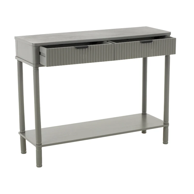 Wood 2 Drawer Console Table with Black Handle and Ribbed Front - Gray