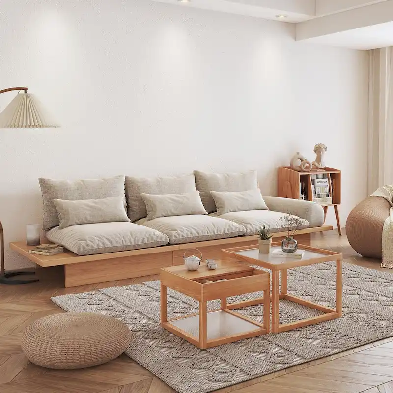 JASIWAY Cotton Line Beige Sofa With Wood Frame