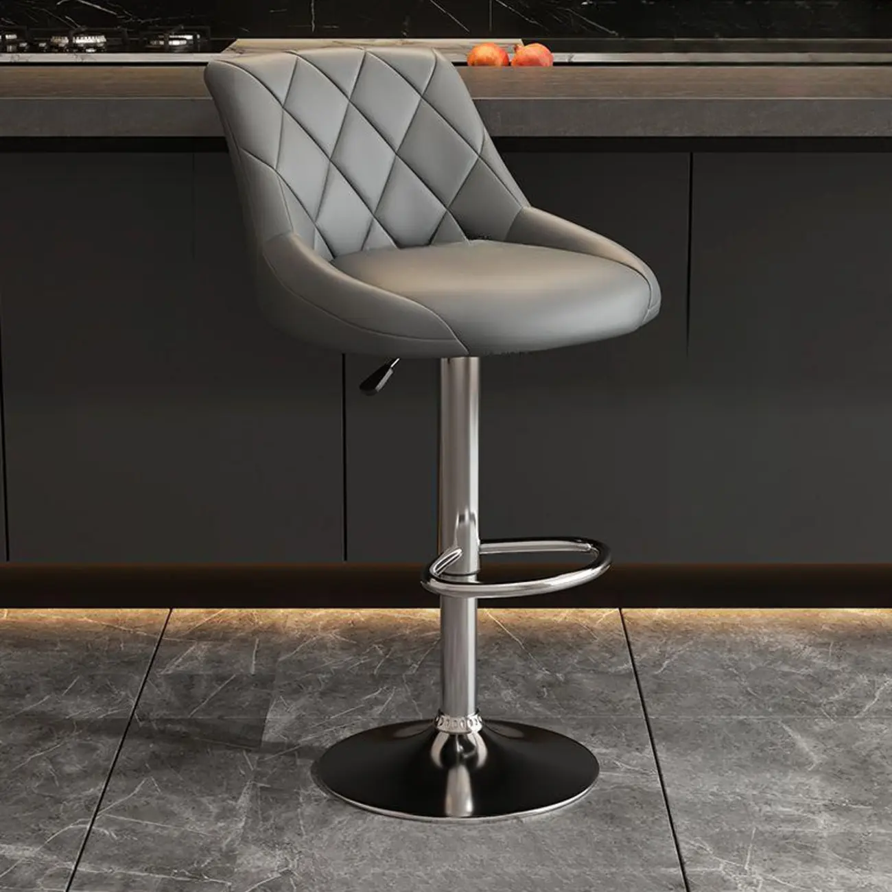 Diamond Tufted Swivel Bar Stool Adjustable Black Red PU Leather