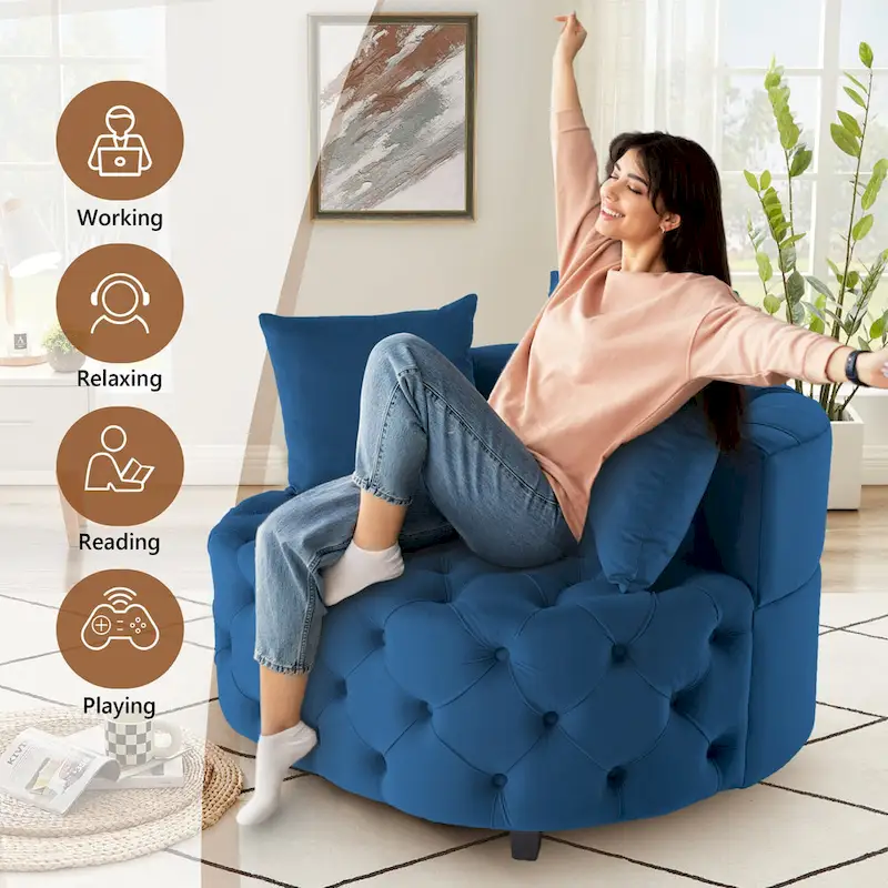 Velvet Modern Leisure Big Classical Barrel Chair with 2 Pillows