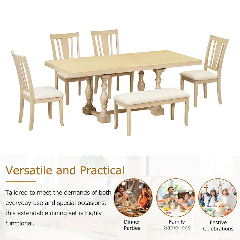 6-Piece Traditional Dining Set with Extendable Table & Chairs