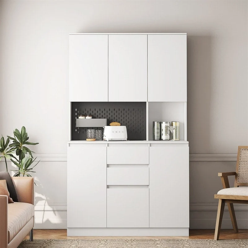 Kitchen Pantry Cabinet with Microwave Stand and 2 Drawers, Freestanding Buffet Cupboards Sideboard with Charging Station