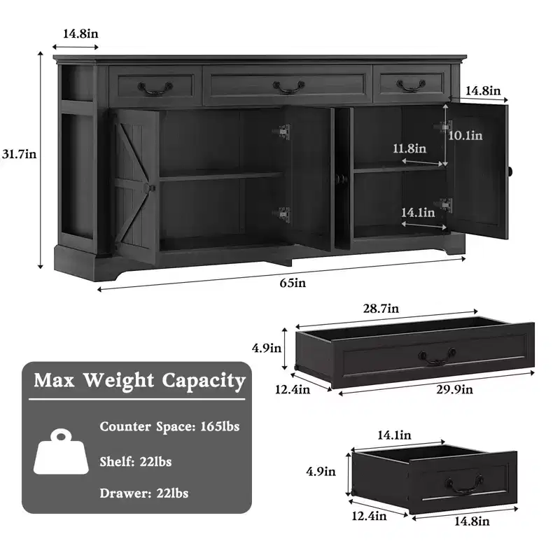 65-Inch Buffet Storage Cabinet, Gray/White, 3 Drawers & 4 Doors