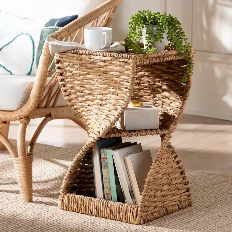 Pelleas Modern Bohemian Natural Brown Seagrass and Wood End Table