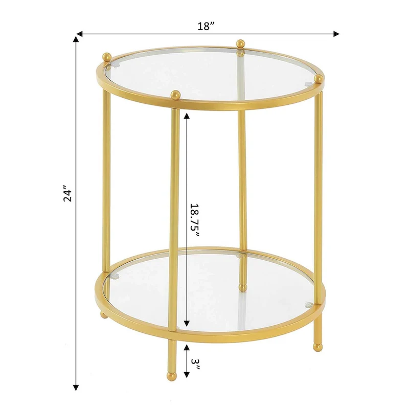 2-Tier Round Tempered Glass End Table, Chrome/Gold Frame, 18