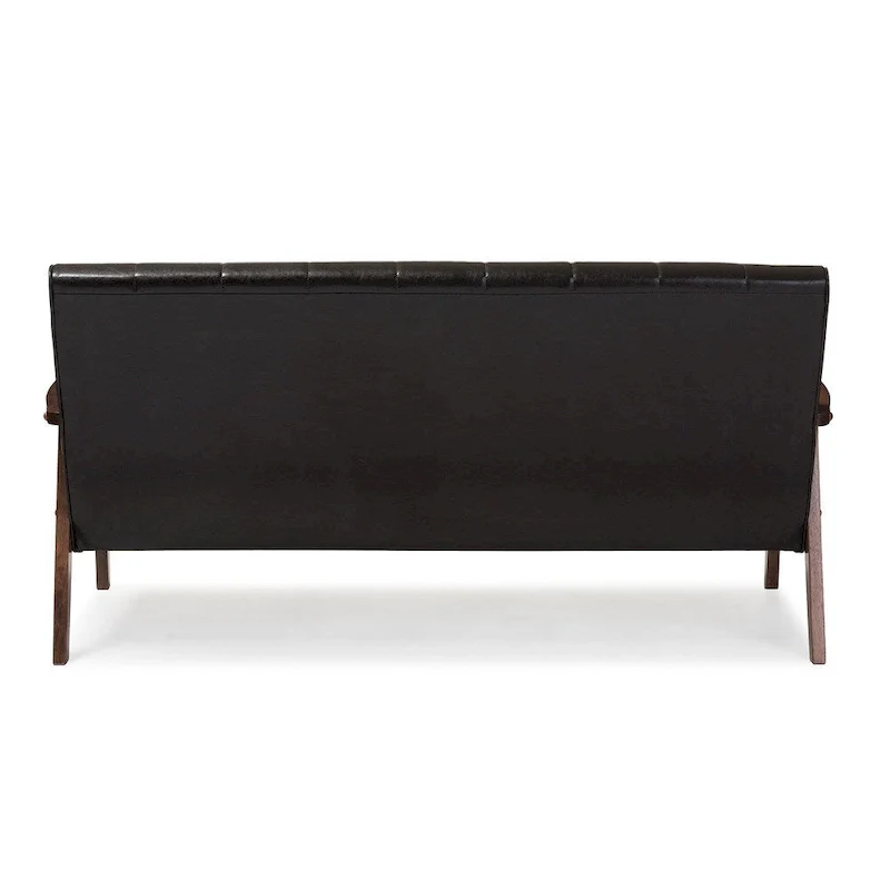 Mid-Century Modern Sofa - Dark Brown Faux Leather, Rubberwood Frame, 3-Seater, 63.98W x 31.89H
