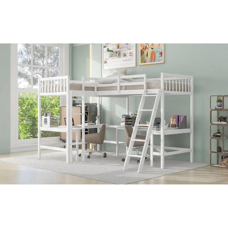 Twin L-Shaped Loft Bed with Desks