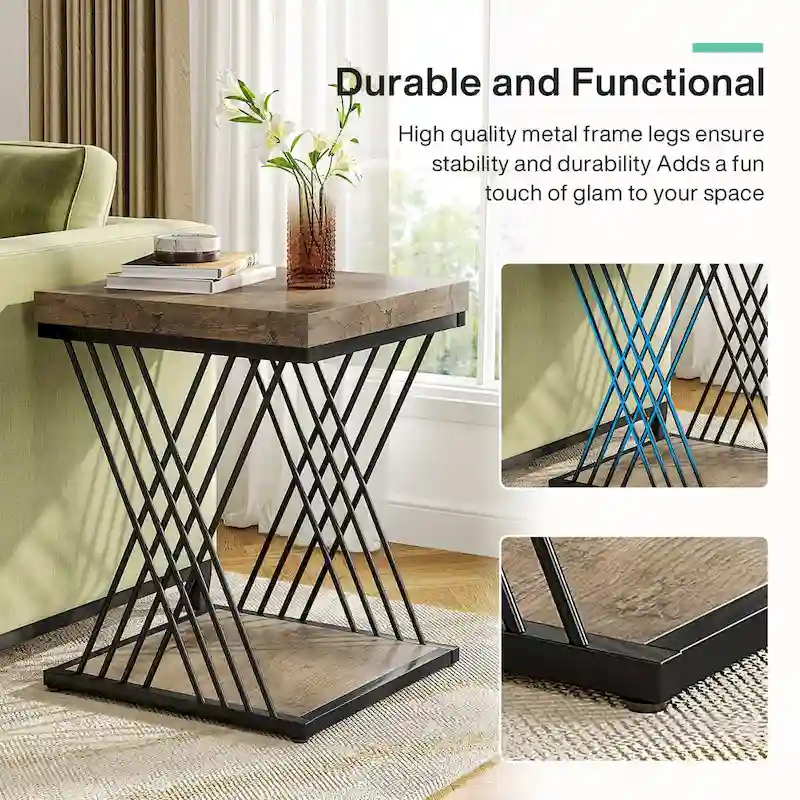 19.75 Inch Faux Marble Square End Table, Modern Bedside Tables, Gold Accent Table Living Room