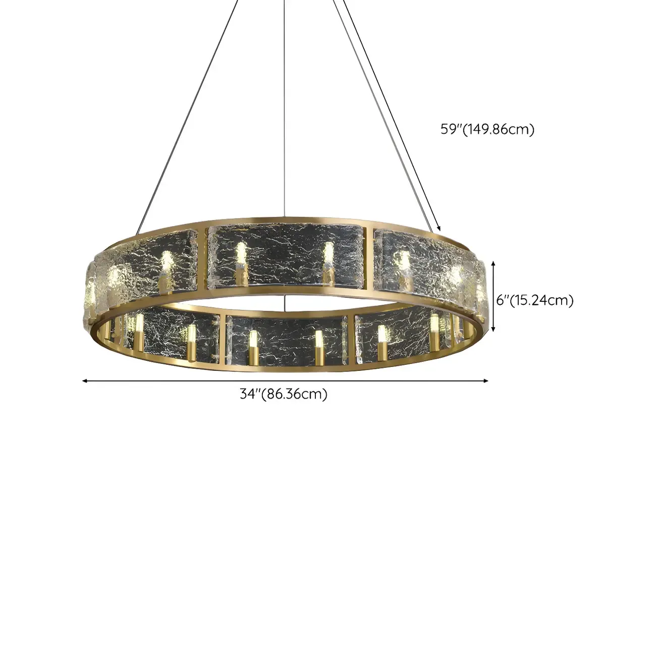 16-Light Modern Brass Glass Hoop Chandelier Height Adjustable