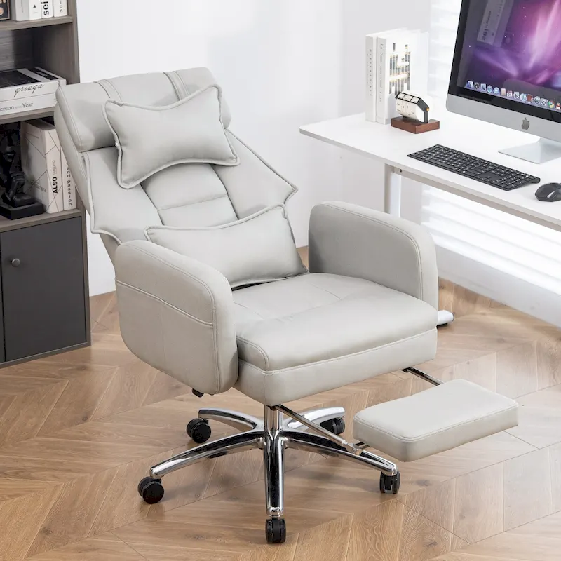 Light Grey Leather Swivel Office Recliner, Lumbar Support, Footrest