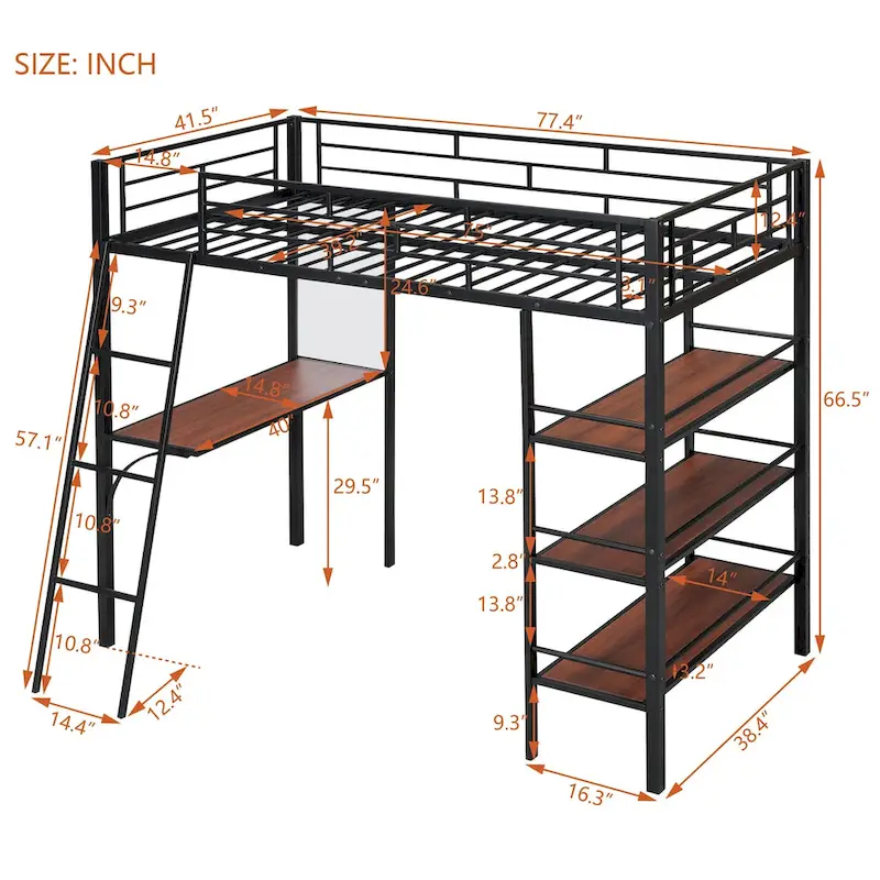 Twin Metal Loft Bed with Built-in Desk