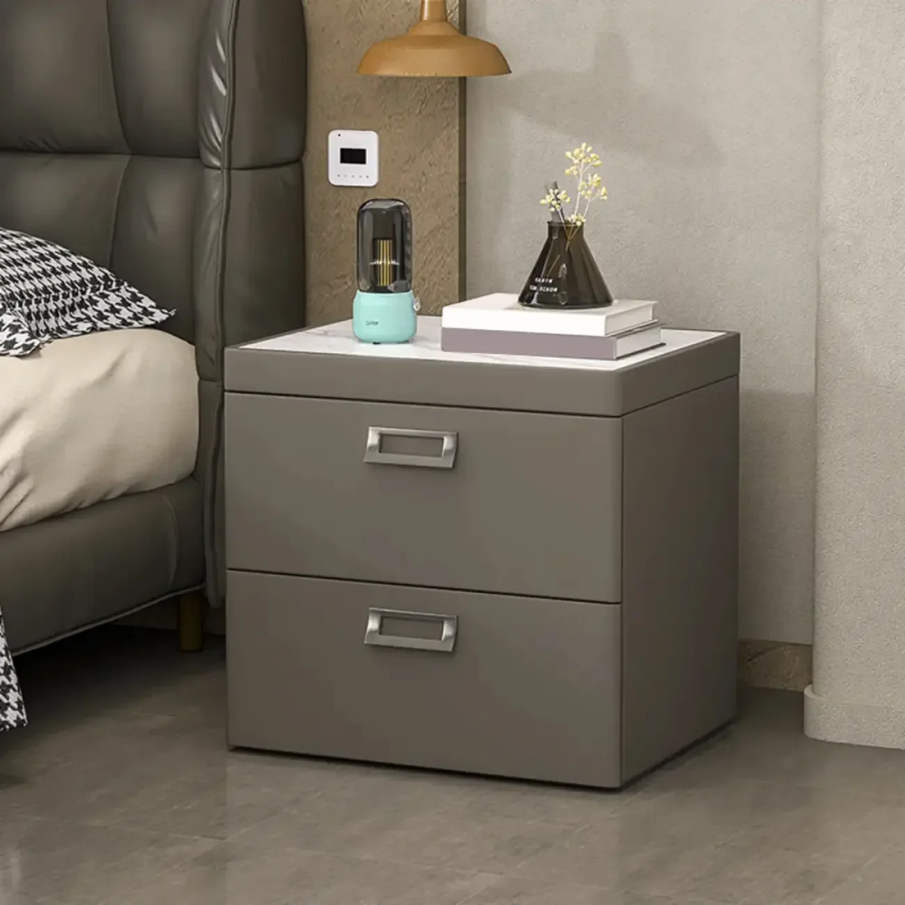 Modern Faux Leather 2 Drawers Nightstand with Stone Top