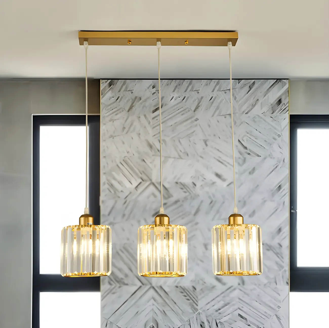 3-Light Gold Crystal Geometric Island Pendant Light for Kitchen