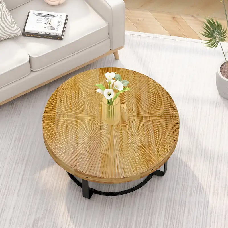 Modern Round Coffee Table Wooden Carving Pattern Coffee Table with Metal Legs
