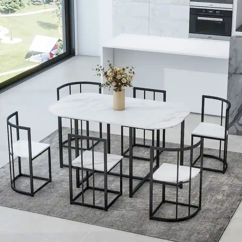 Modern 7-Piece Dining Table Set with Faux Marble Compact