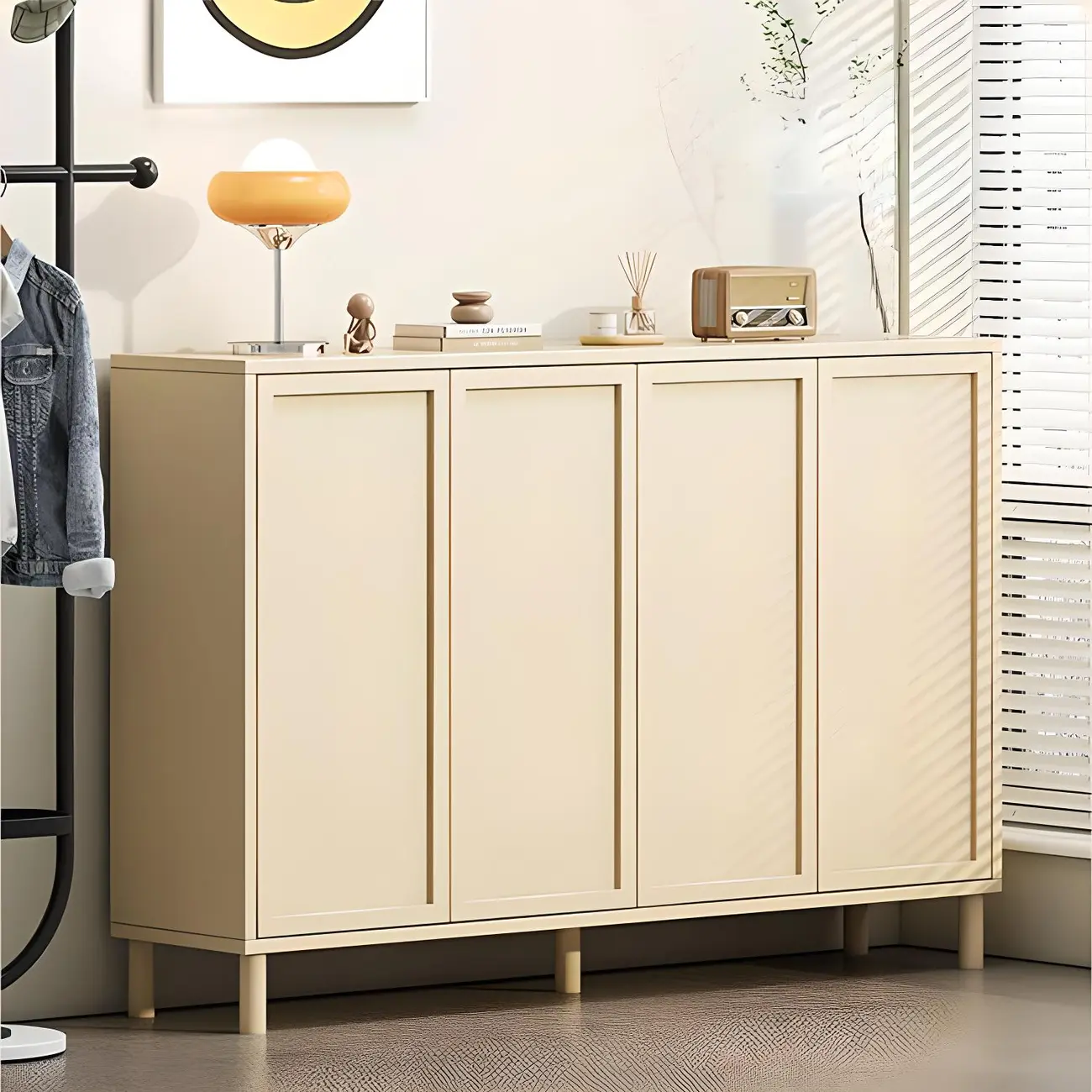 Cream White Wood Shoe Cabinet with Shoe Lattice