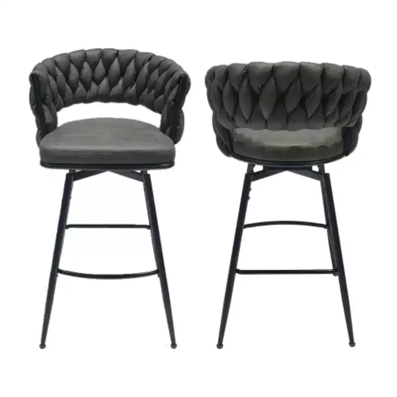Back and Footrest Included, 2 Linen Woven Swivel Bar Stools Set, Non-Adjustable Kitchen Chairs