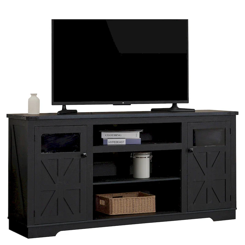 Black/White Farmhouse TV Stand, Fits 75" TVs, 66"W x 16"D x 26"H, 9 Compartments, Glass Doors