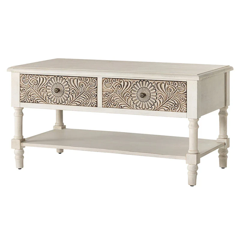 Rectangular Coffee Table, 2 Drawers & Open Shelf, MDF with Veneer, Flower Pattern, 39.2