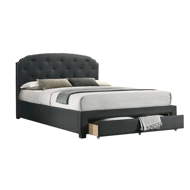 Burlap Upholstered Eastern King Bed with 1 Underbed Drawer in Charcoal