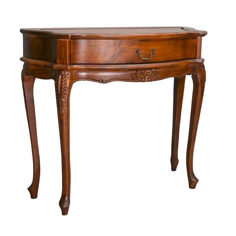 Hand Carved 1-Drawer Hall Table with Queen Anne Legs – Walnut Finish