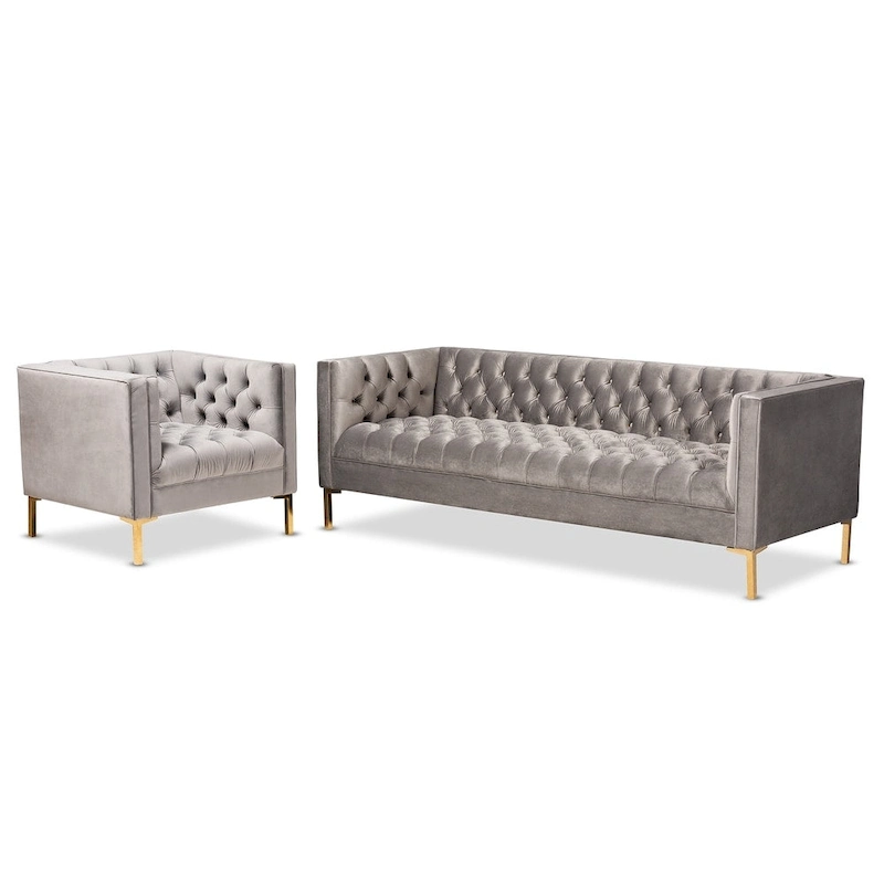 Glam Velvet and Gold Finished 2-Piece Sofa and Lounge Chair Set