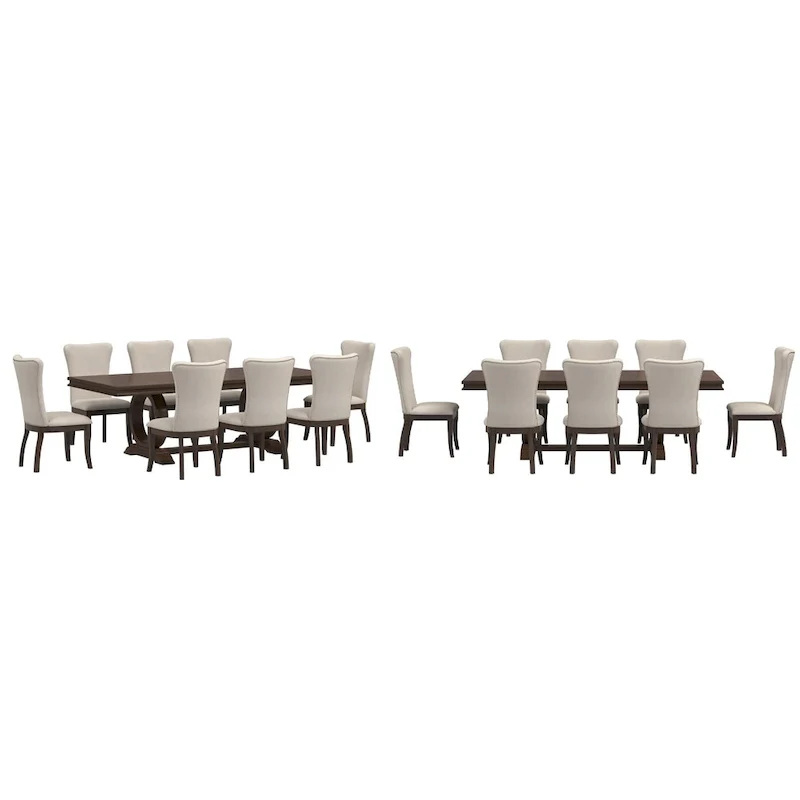 Dark Cherry Wood and Beige Fabric Extendable Dining Set