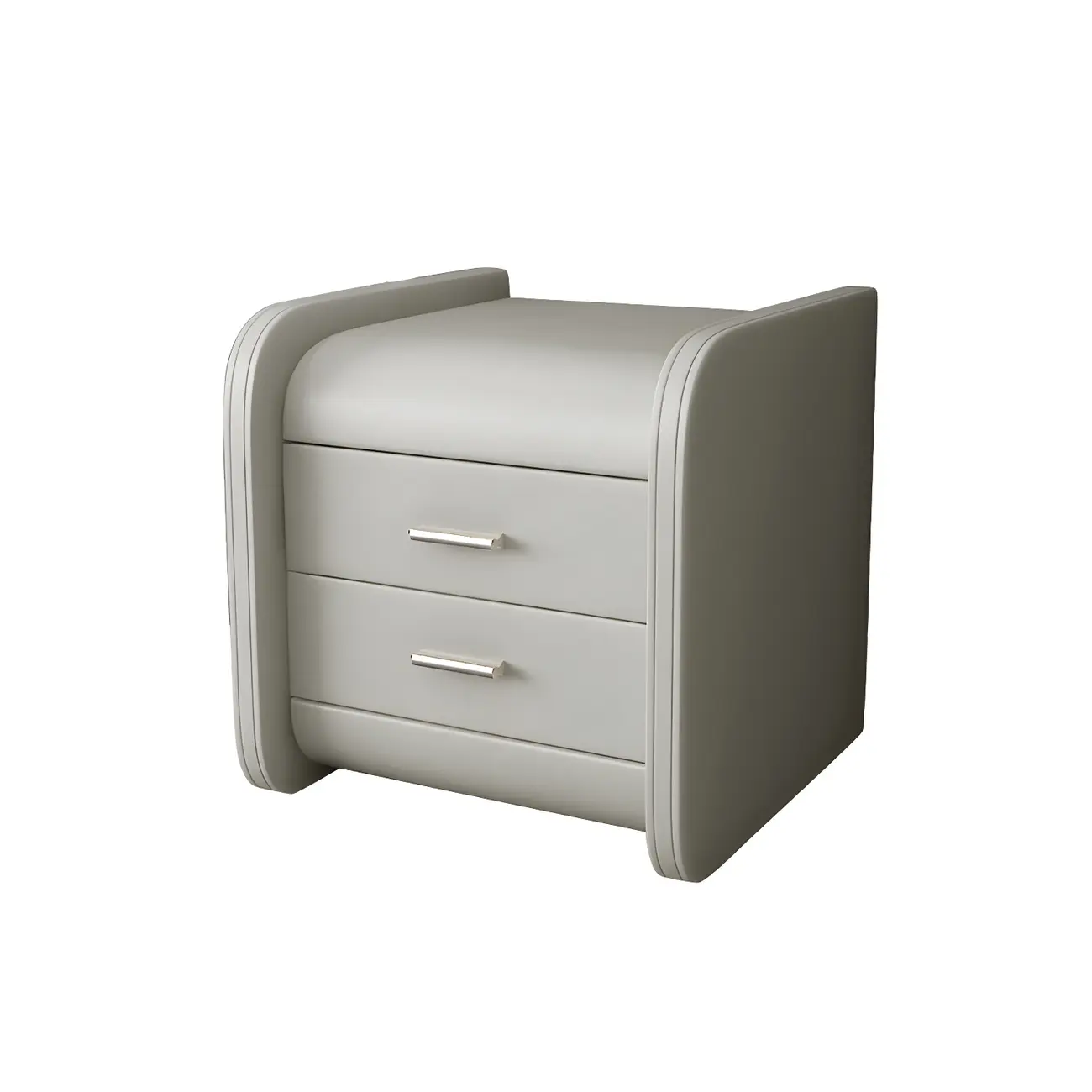 Modern Round Edge Nightstand with 2 Drawers in Beige Leather
