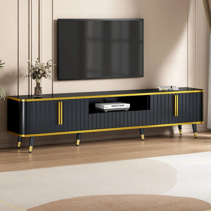 TV Stand with Open Storage Shelf for TVs Up to 85,with Cabinets and Drawers, Practical Media Console with Unique Legs
