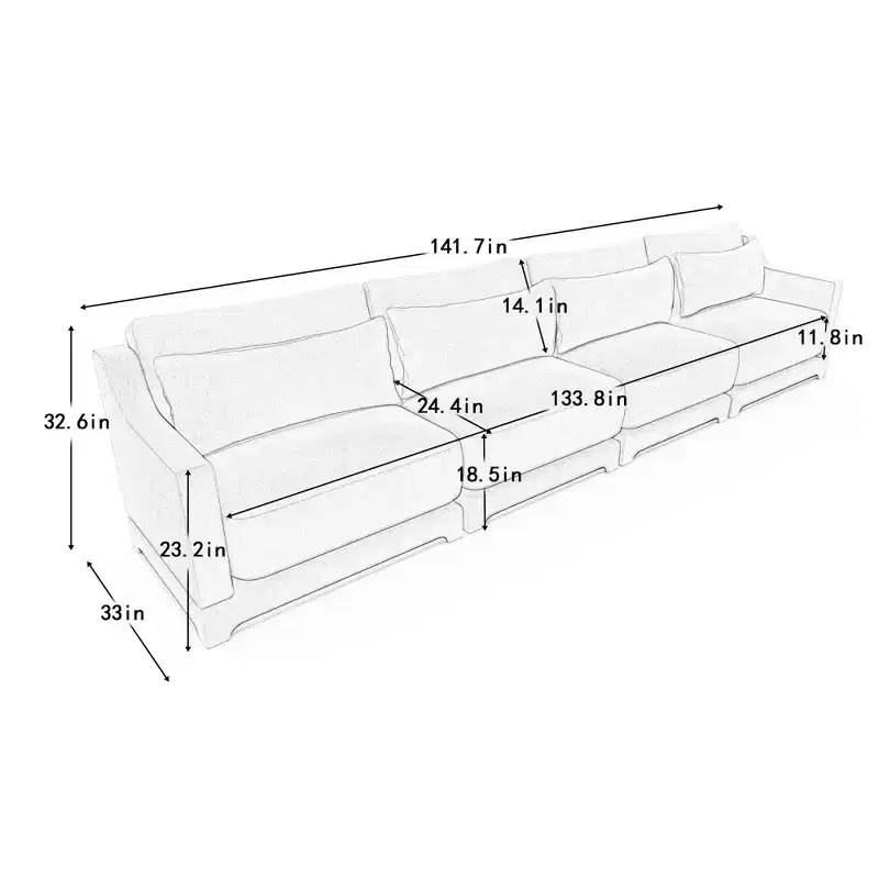 4-Seater Solid Wood Frame Chenille Beige Sofa with Lumbar Pillow High Resilience Sponge Easy Install