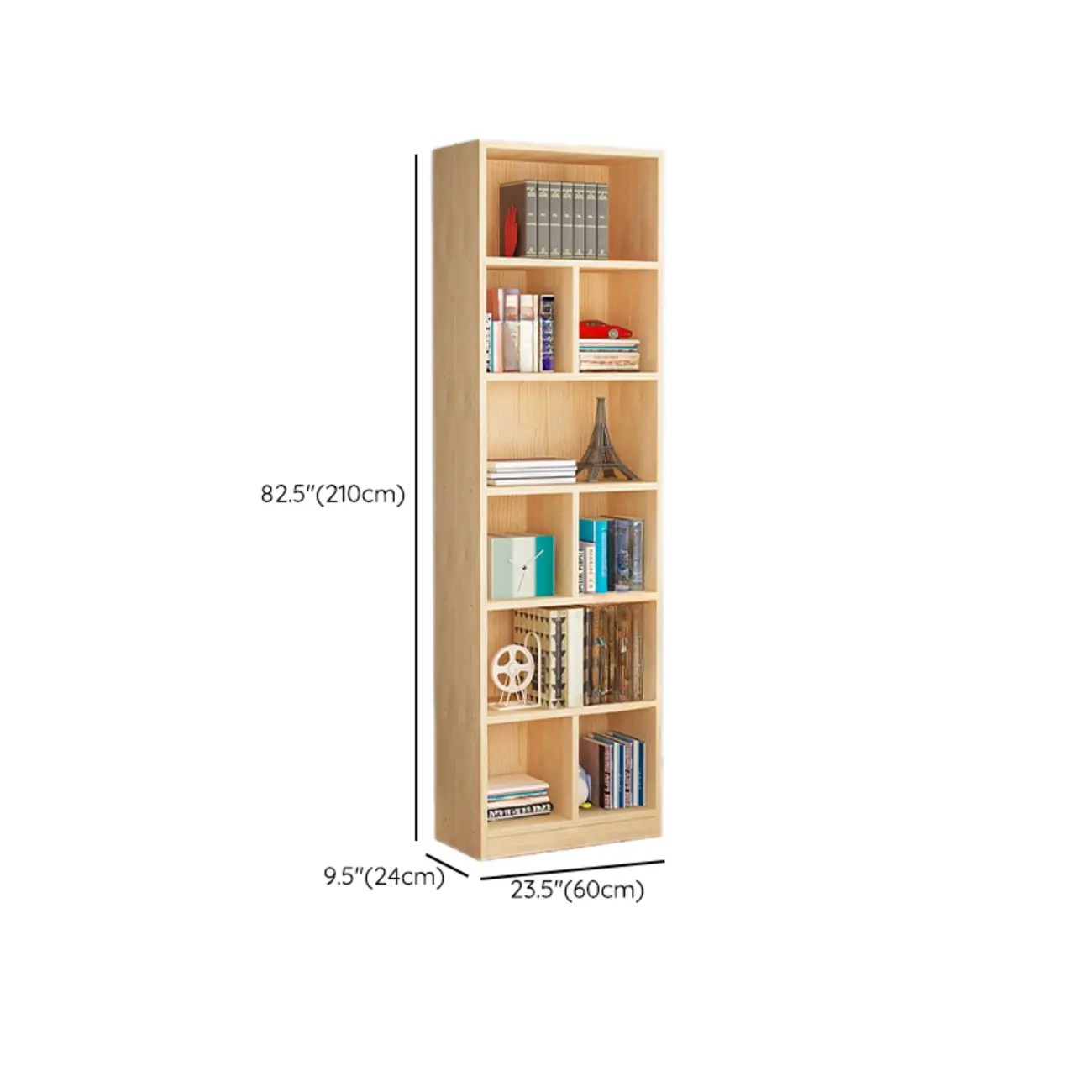 Natural Finish Narrow 6 Shelves Wooden Bookcase with Drawer