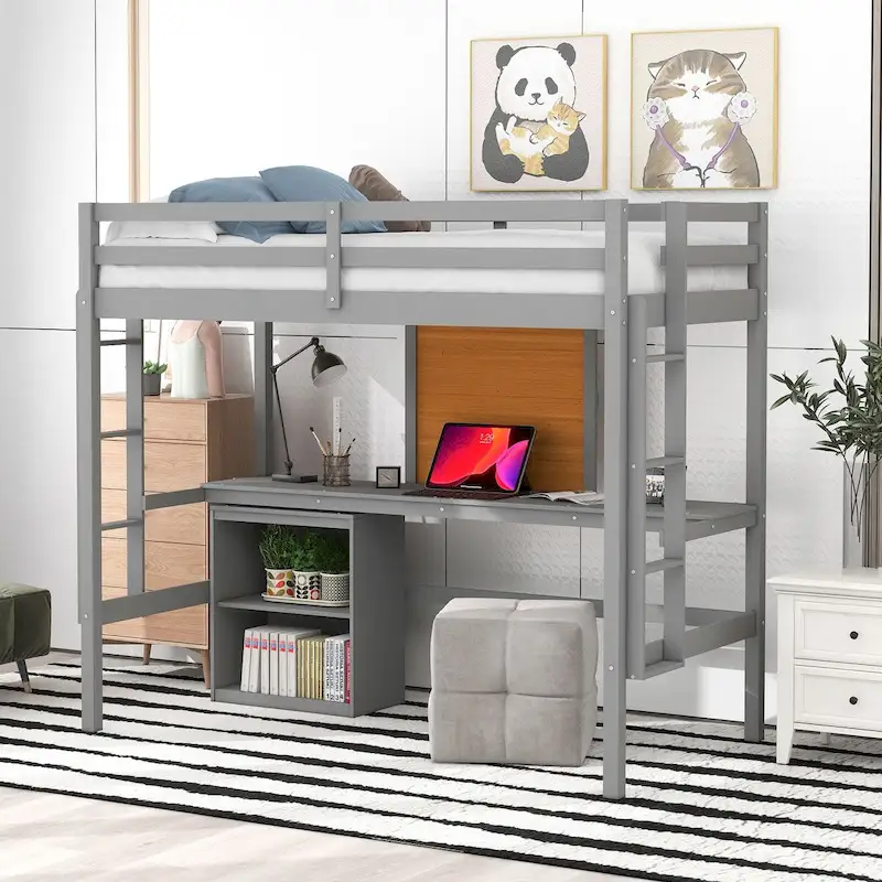 Gray Pine Wood Loft Bed with Desk and Cabinet, Writing Board, Full-Length Guardrail