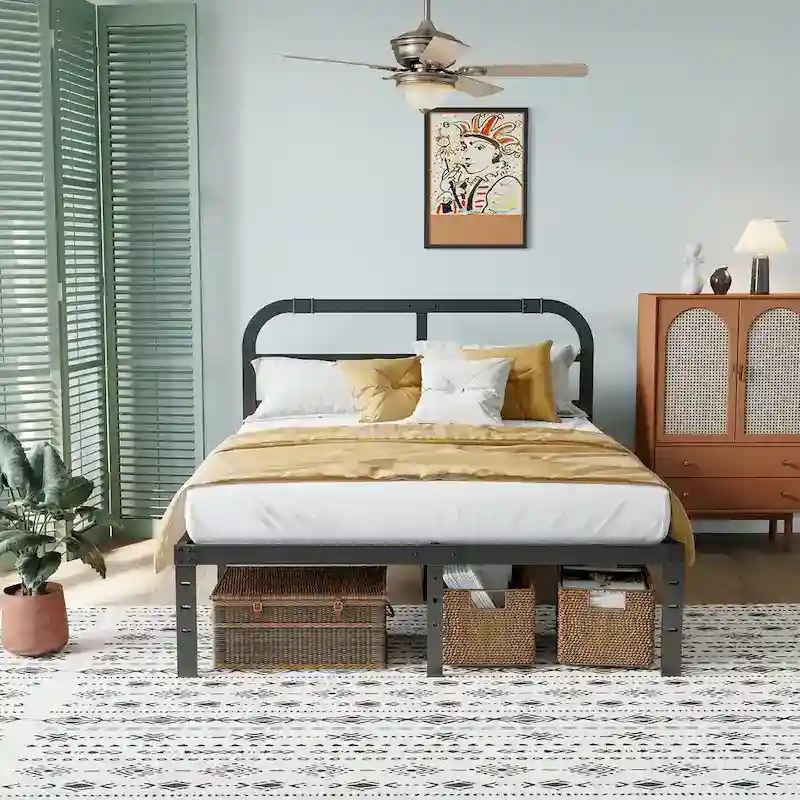 Black Metal Bed Frame with Headboard, 14"H, 2500 lbs, Twin/Twin XL/King/Cal King, 1-Person