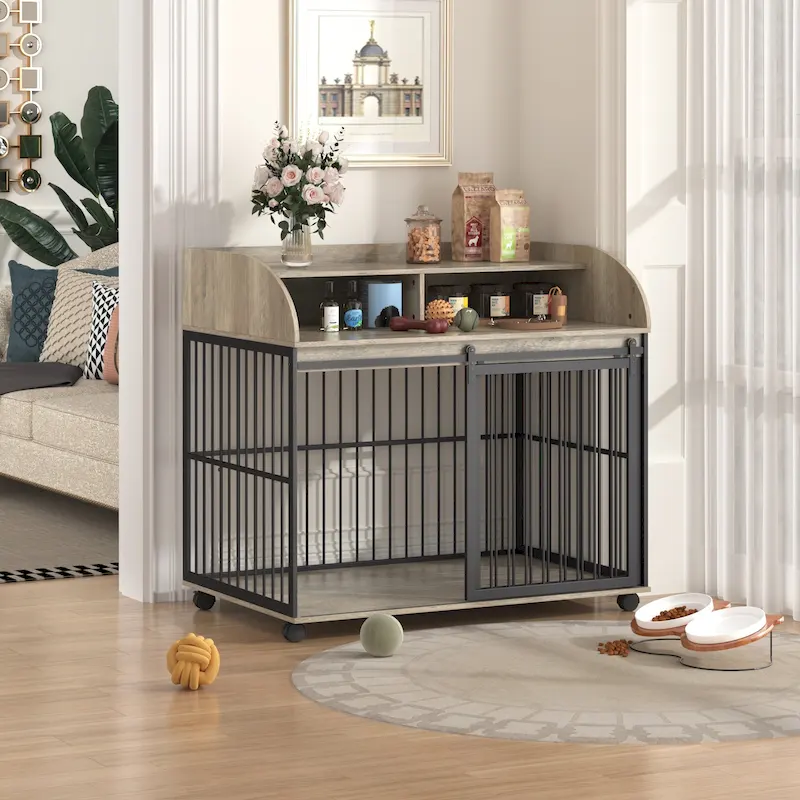 44 Heavy Duty Large Dog Crate Furniture for Large Medium Dog with Lockable Wheels, Wooden Dog Crate Dog Kennel