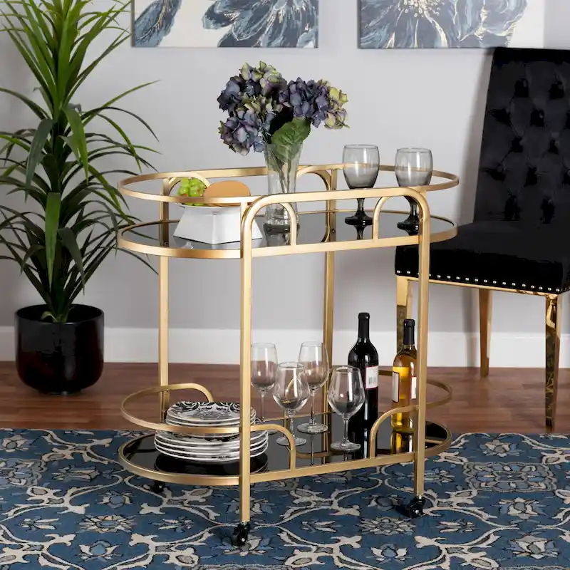 Leighton Contemporary Glam and Luxe Gold Metal and Tempered Glass 2-Tier Wine Cart
