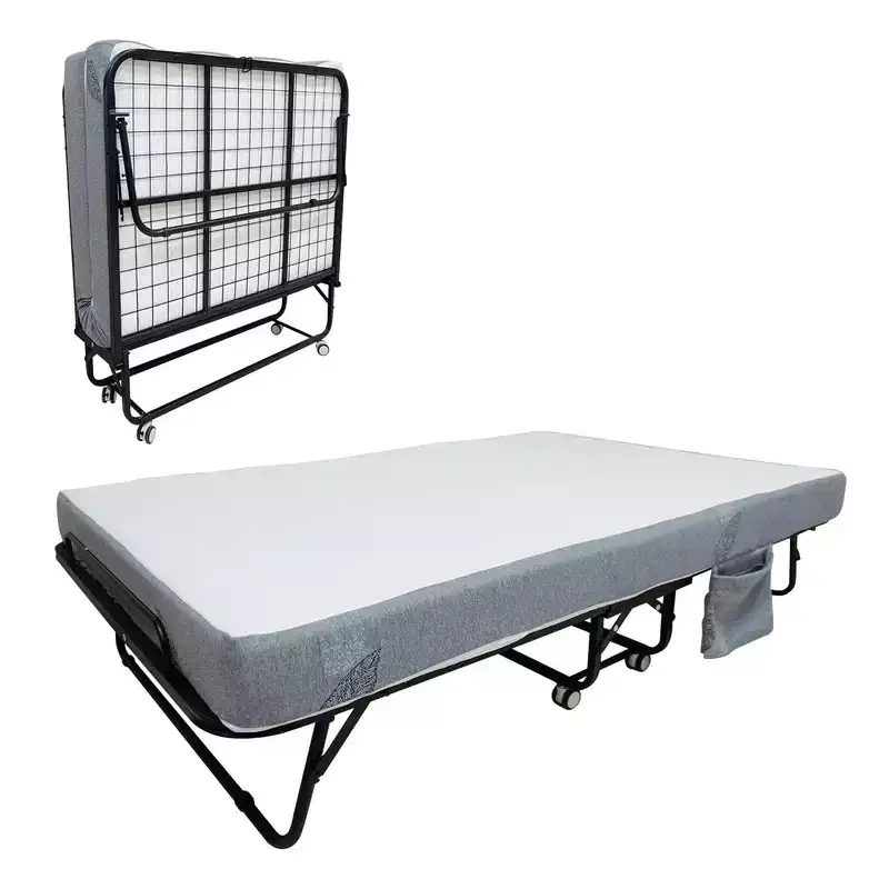 Coolmee Folding Bed with Mattress, Portable Foldable Bed on Wheels with Side Storage Pocket for Office, Bedroom, Space Saving, Easy Storage