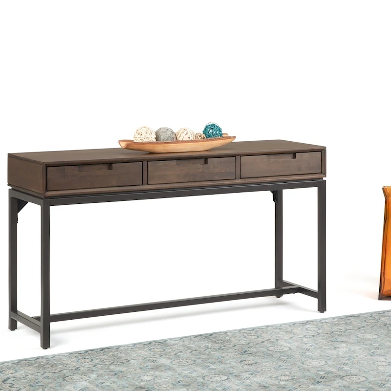 WYNDENHALL Devlin SOLID HARDWOOD and Metal 54 inch Wide Industrial Wide Console Table in Walnut Brown - 54W x 16 D x 30 H