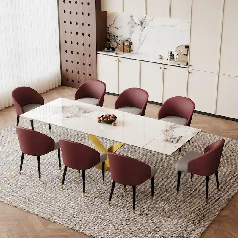 9 - Piece 94.48 Rectangular Extendable Sintered Stone Dining Table with 8 Faux leather Chairs Dining Set