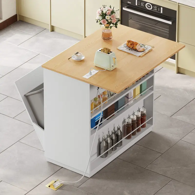 Kitchen Island Drop Leaf Double Tilt Out Trash Cabinet with Power Outlet & Wheels