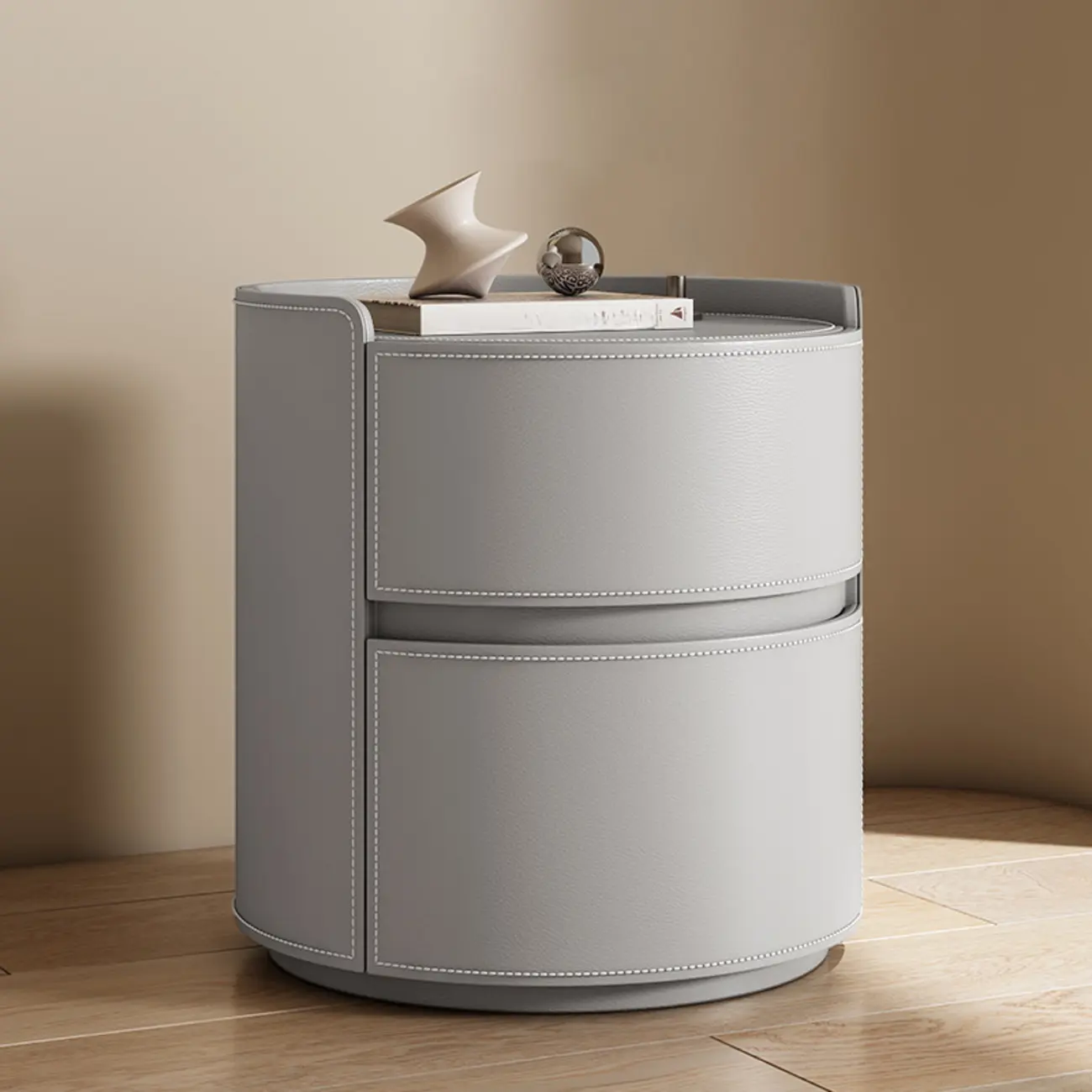 Modern Leather Tray Round 2-Drawer Nightstand