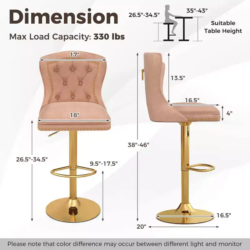 Set of 2 Bar Chairs Dutch Velvet Bar Stool with Footrest Metal Base Anti-Slip Ring Pink/Beige/Grey
