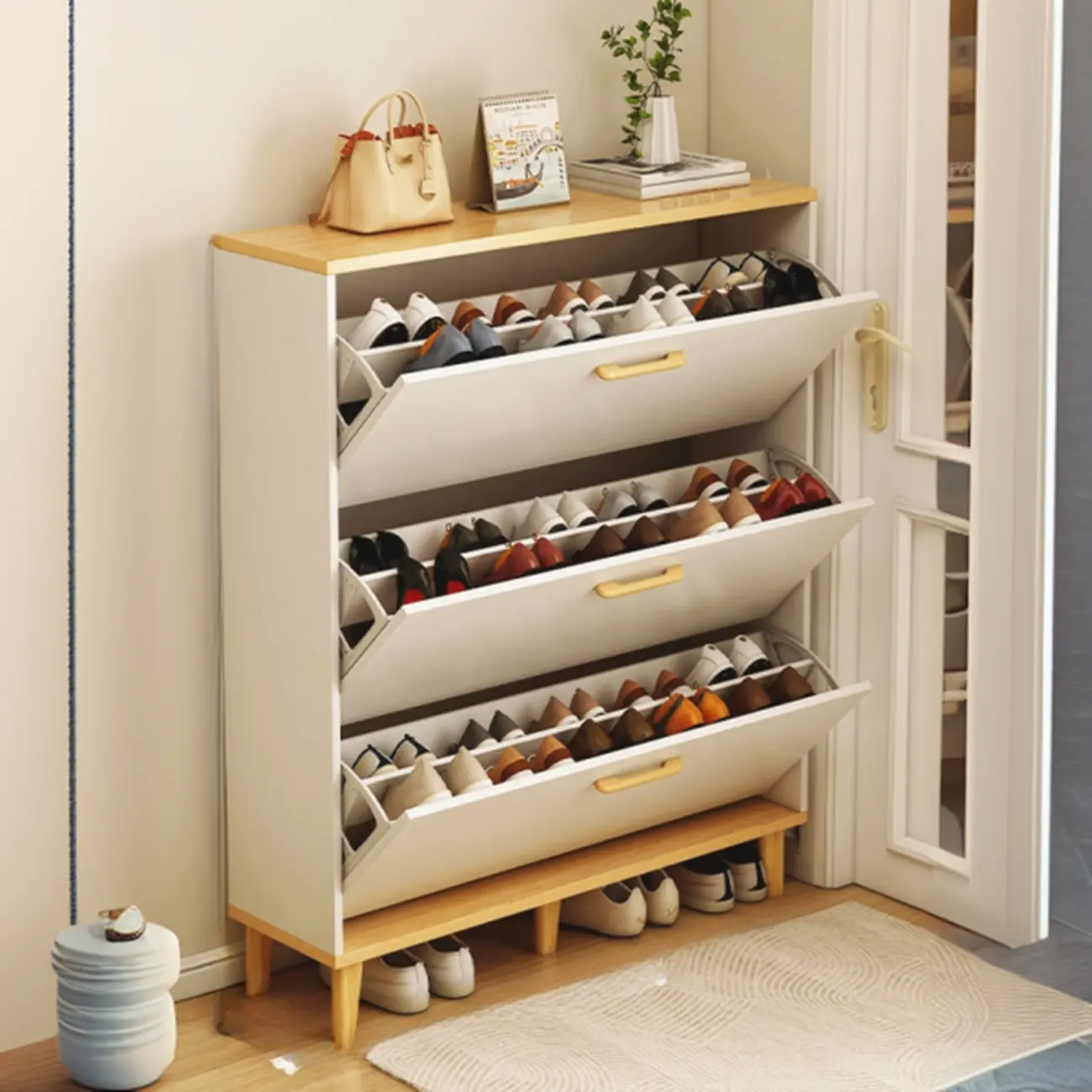 Entryway Modern Wood Shoe Cabinet with Flip-Out Drawer