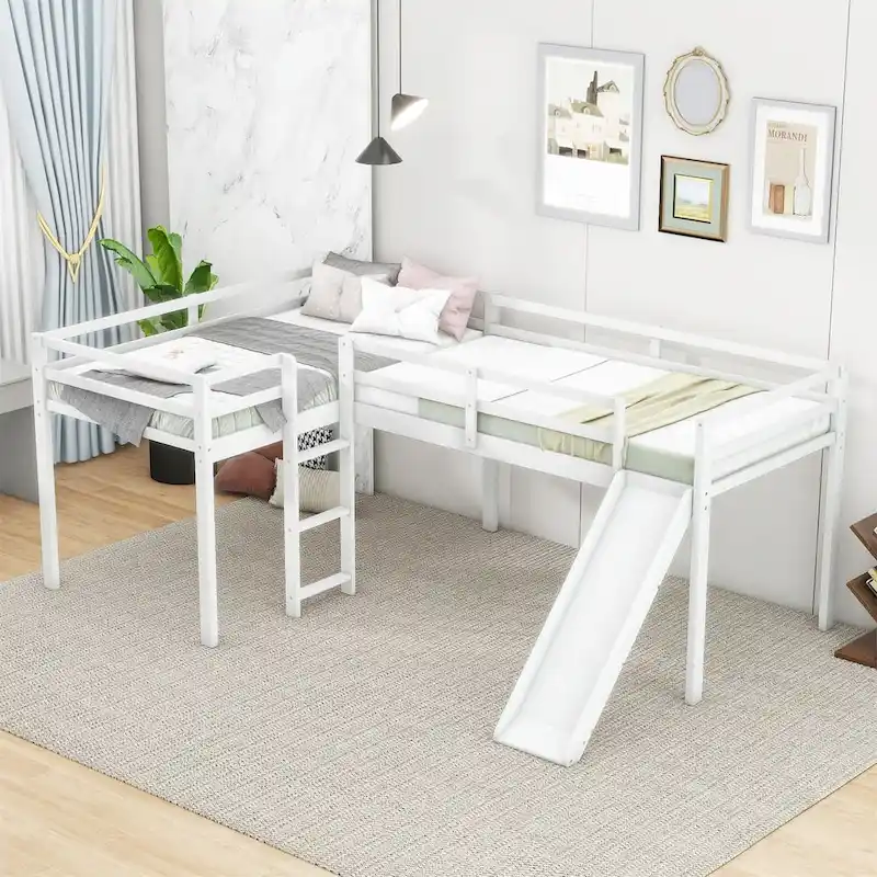 Merax L-Shaped Twin Size Wood Loft Bed with Ladder and Slide