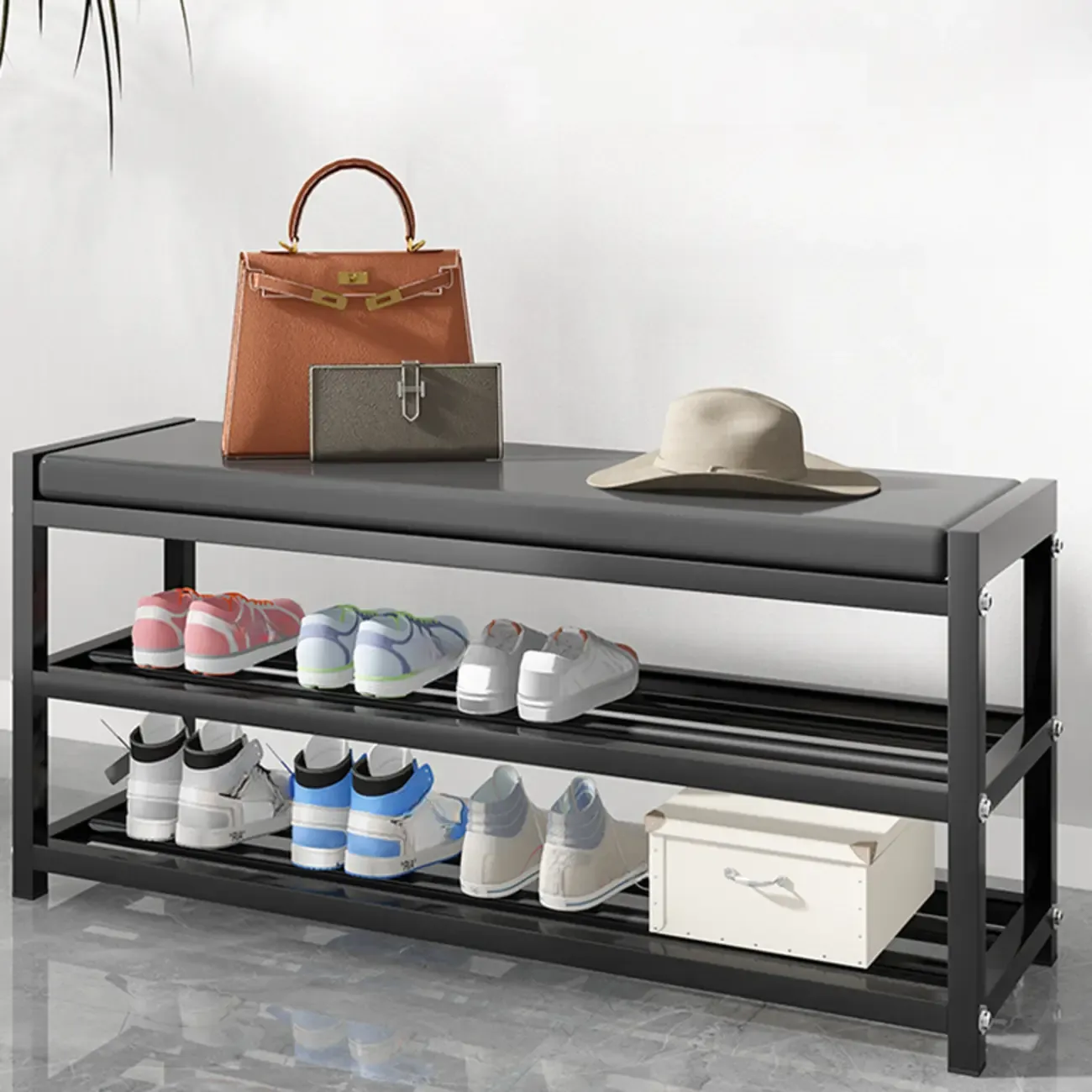 Entryway Black Metal Shoe Storage Bench with Cushion